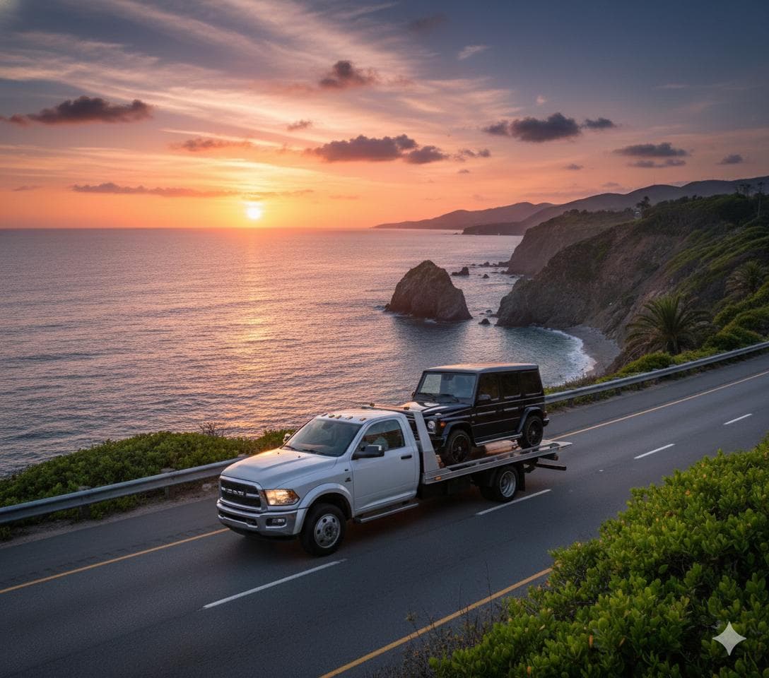 Tow truck driving along the coast at sunset