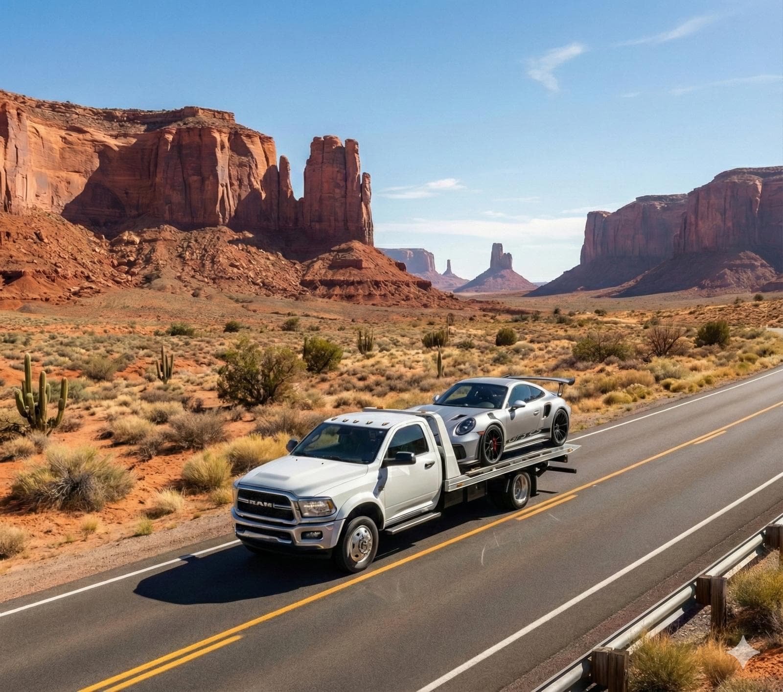 Tow truck transporting a vehicle